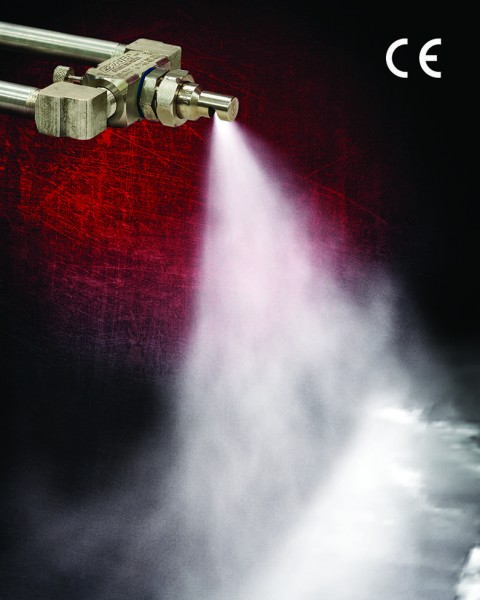 EXAIR’s new 1/4 NPT internal mix deflected flat fan atomizing spray nozzle