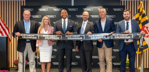 Maryland Gov. Wes Moore, Jenna Paukstis, vice president and general manager, weapon systems, Gordon LoPresti, senior director, propulsion solutions and controls, and Whiting-Turner Construction executives cut the ribbon at Northrop Grumman’s new Propulsion Innovation Center in Elkton, Maryland. (Photo Credit: Northrop Grumman)